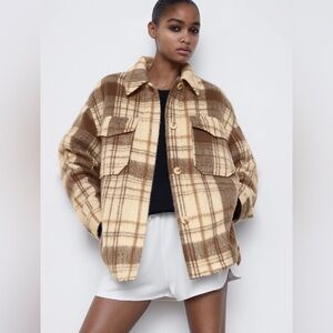 Zara Button Down Plaid Shirt Jacket - Beige and Brown